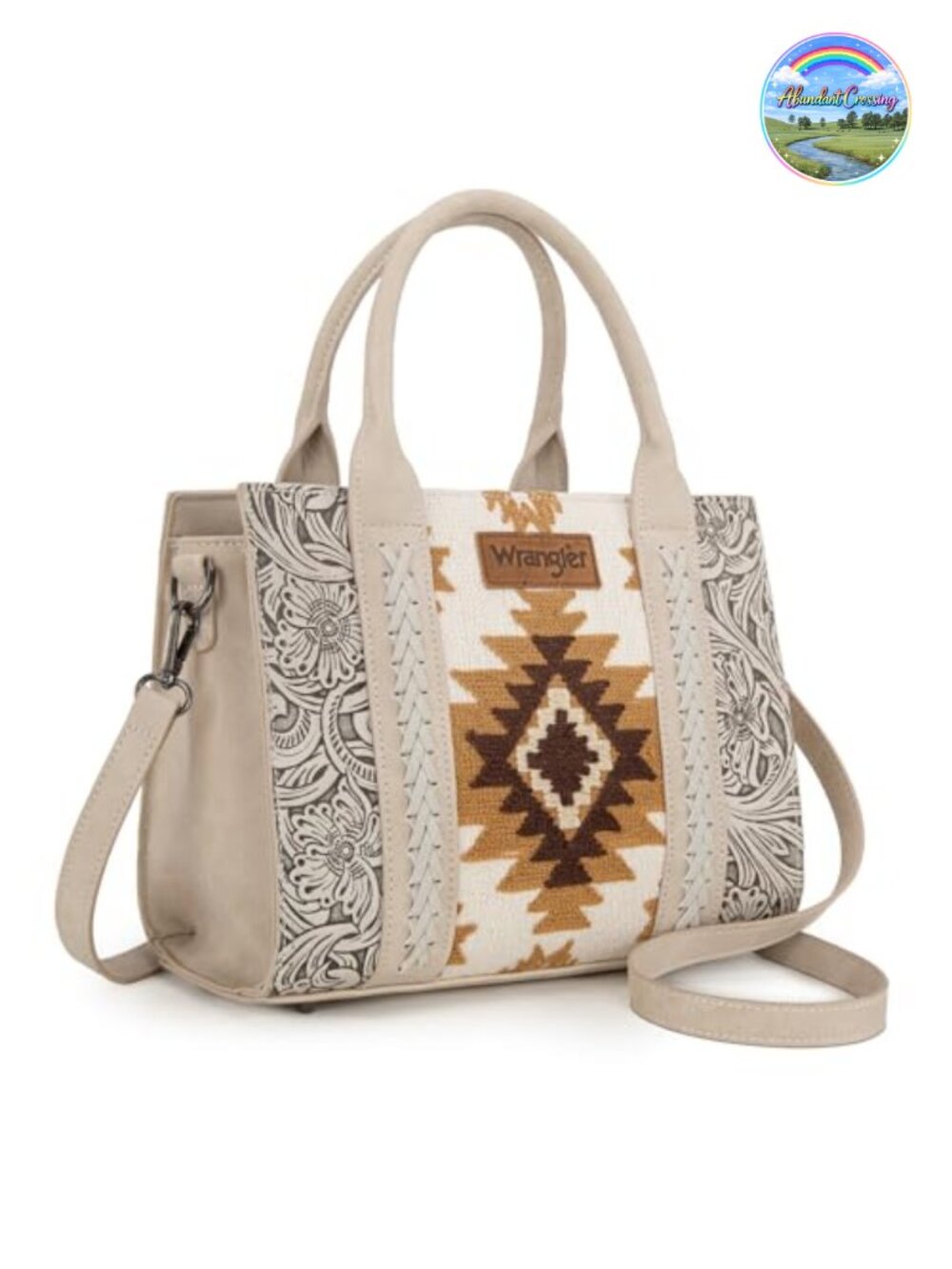Western Tote Bag with Genuine Leather and Aztec Tapestry - Women's Shoulder